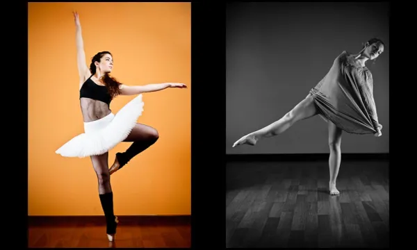 A ballerina in colour beside a dancer in black and white, in a studio