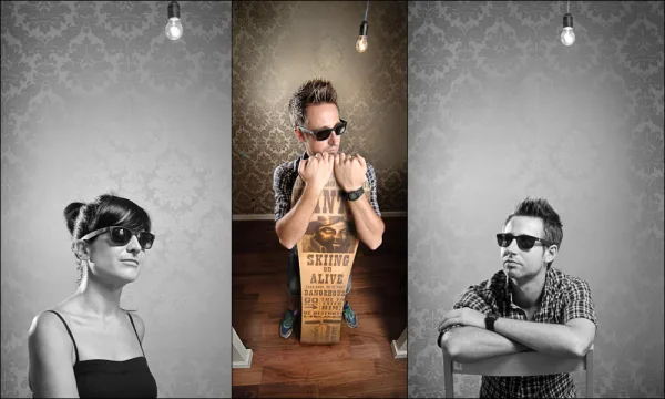 Three portraits: a light bulb look, a sunglasses look and a seated man