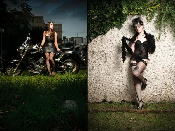 Woman on a motorbike under dramatic lights, beside a boudoir and burlesque portrait