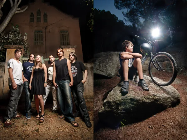 A band portrait beside a trial bike rider portrait